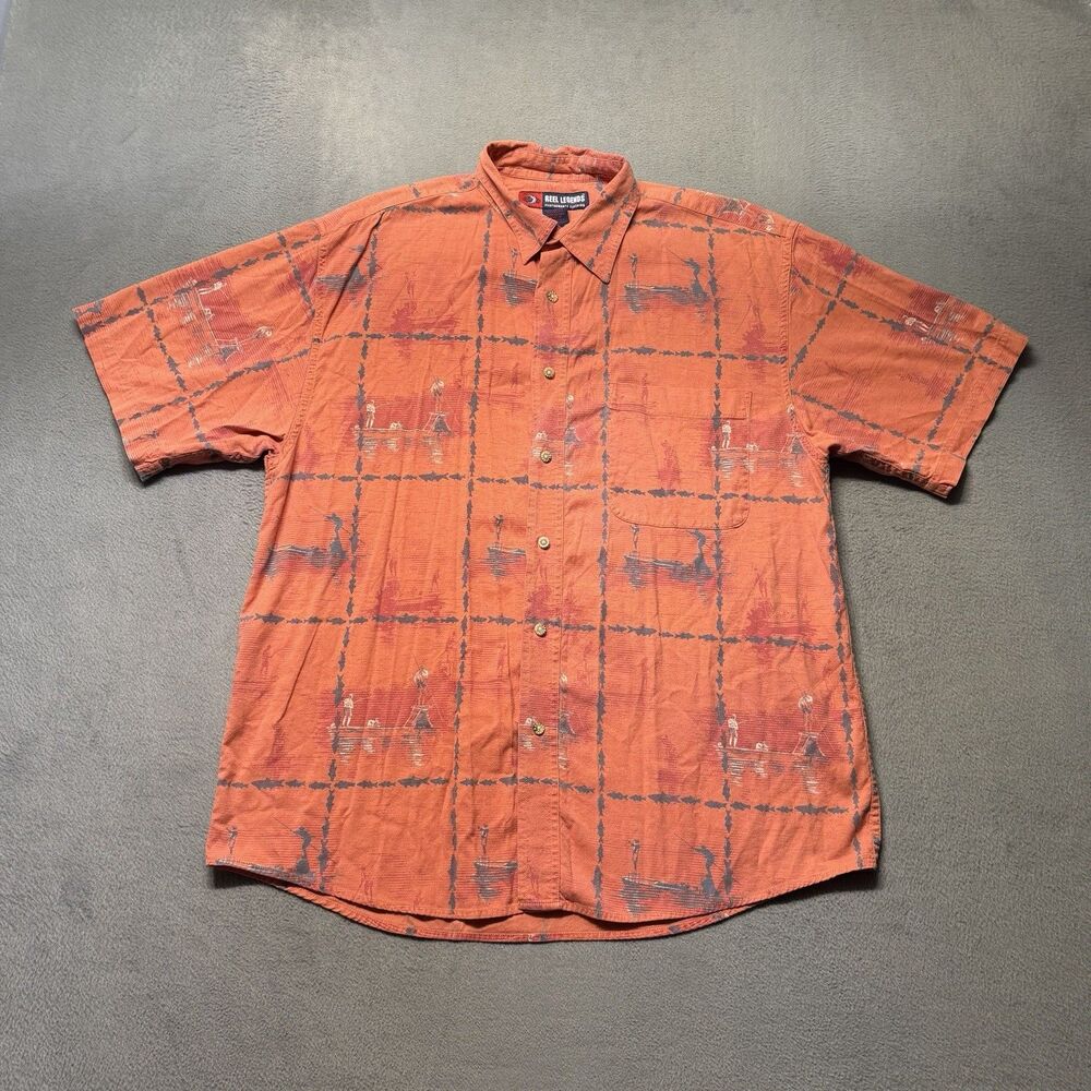 Reel Legends Men's Large Performance Button Up Shirt Orange Short Sleeve Fishing
